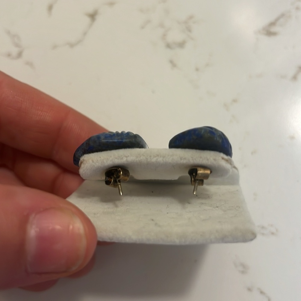VTG Carved Antique Blue Lapis Earrings with Sterling Silver Posts - Picture 4 of 5